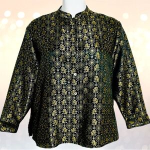 Yi Lin Elegant Black & Gold Dragon Pattern Top Women’s 2X Long Sleeve Button Up
